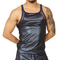Black satin Gigo Passione Blue tank top with sheer lace trim along shoulders and sides for elegant wear