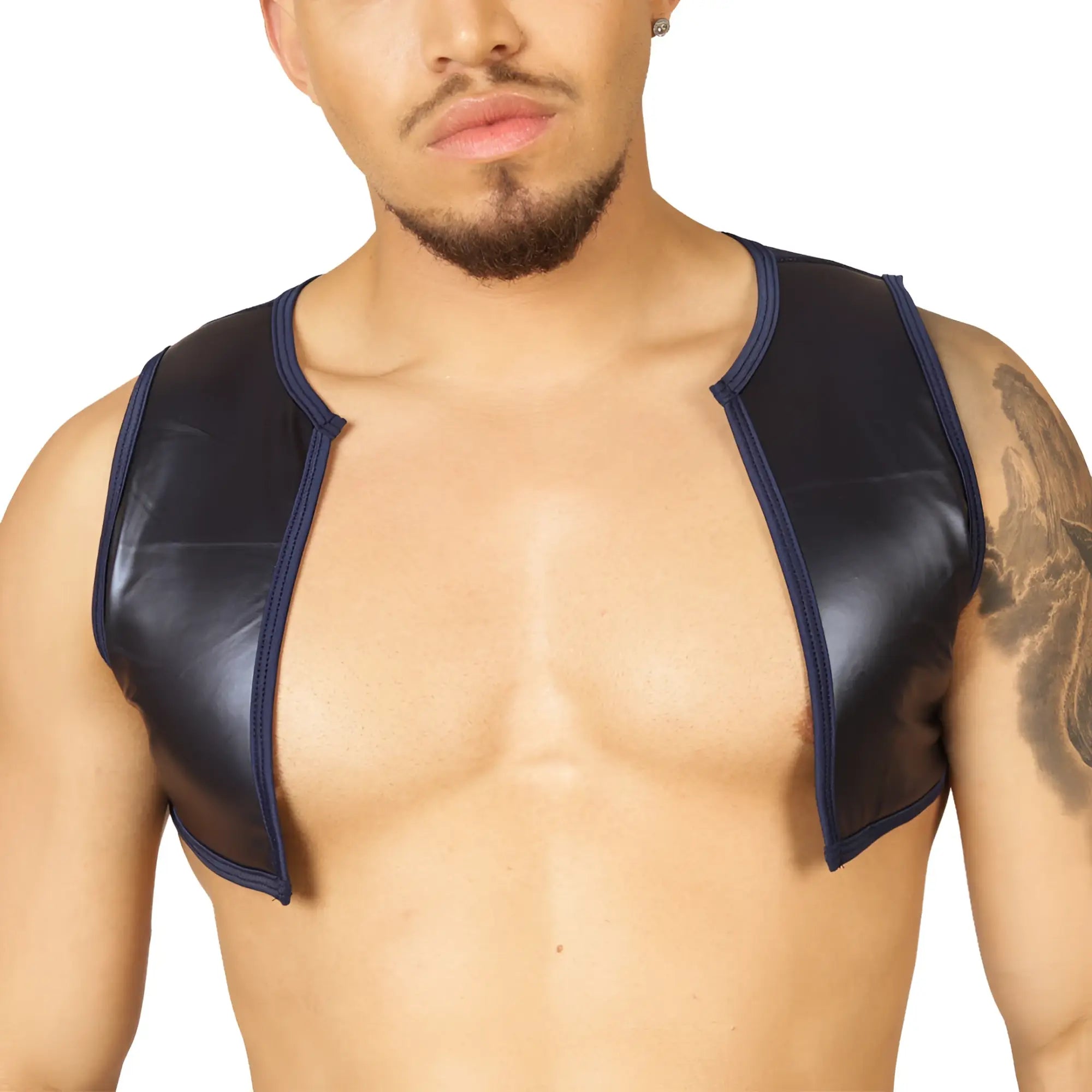 Black patent leather vest with navy blue trim in gigo passione blue vest harness design