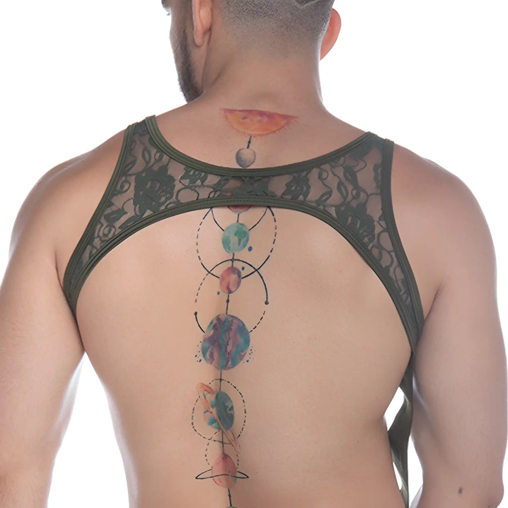 Back view of gigo picot green harness featuring a vibrant watercolor cosmic tattoo with planets and celestial orbits