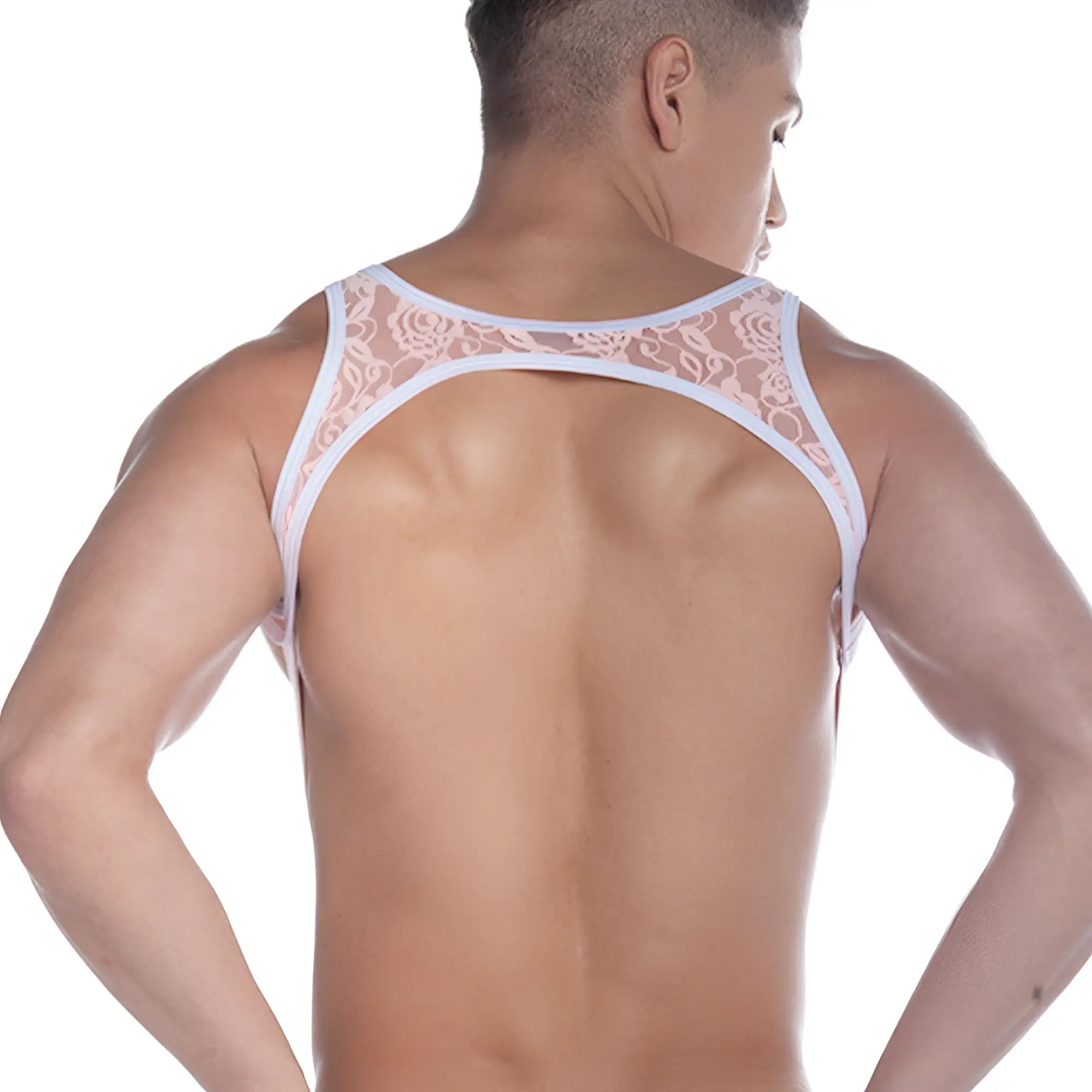 White lace tank top with floral pattern and thin straps in the gigo picot pink harness collection