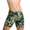 Men’s swim trunks gigo plantation beachwear with vibrant green and black tropical leaf pattern and drawstring waistband