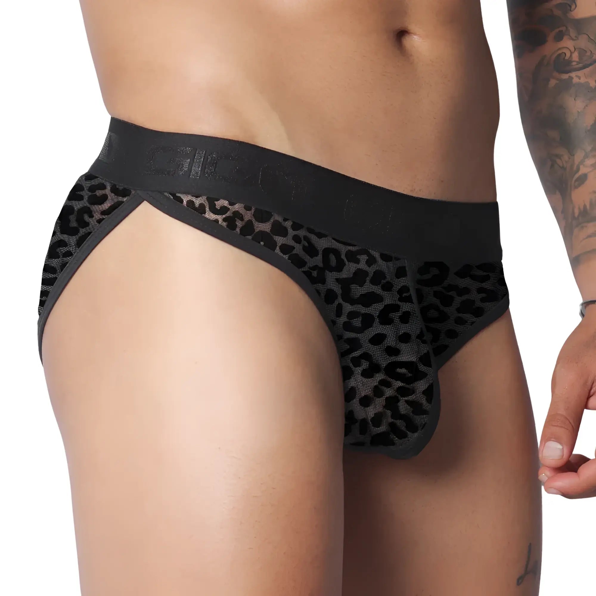 Black mesh brief with a tonal leopard pattern, high-cut style, and a branded elastic waistband.