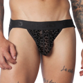 Black jockstrap with a sheer leopard-print mesh pouch and a branded elastic waistband.