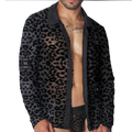 Black sheer leopard print button-down shirt with a classic collar and long sleeves.