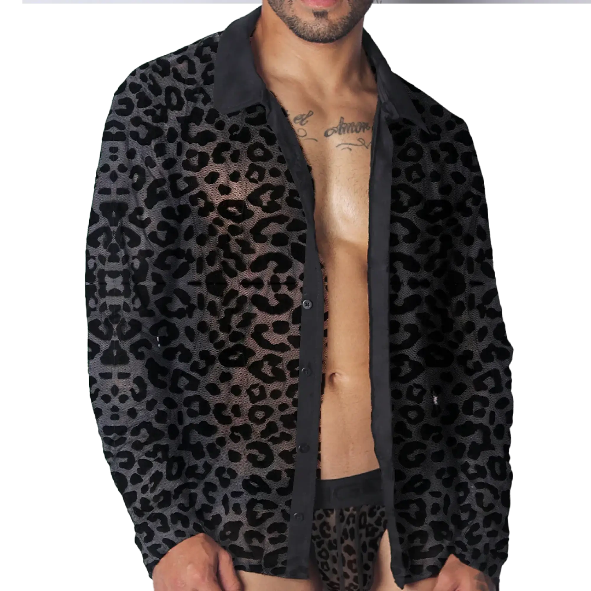 Black sheer leopard print button-down shirt with a classic collar and long sleeves.