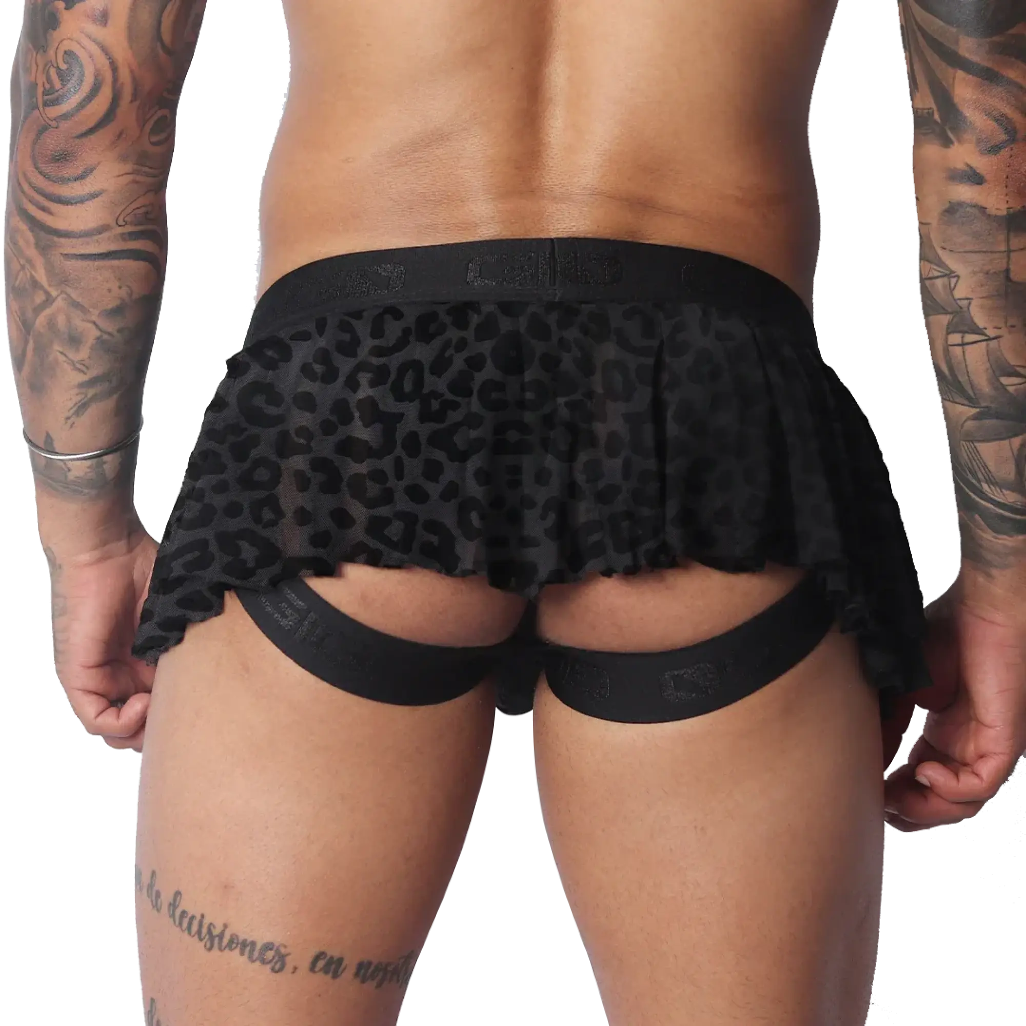 Black leopard-print sheer pleated plush skirt with a thick branded elastic waistband and open-back jockstrap design.