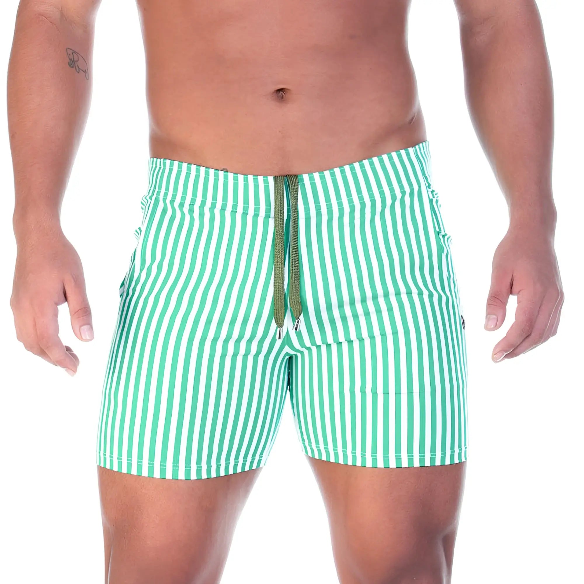 Gigo Polo green beachwear green and white vertically striped swim trunks with olive green drawstring for swimming