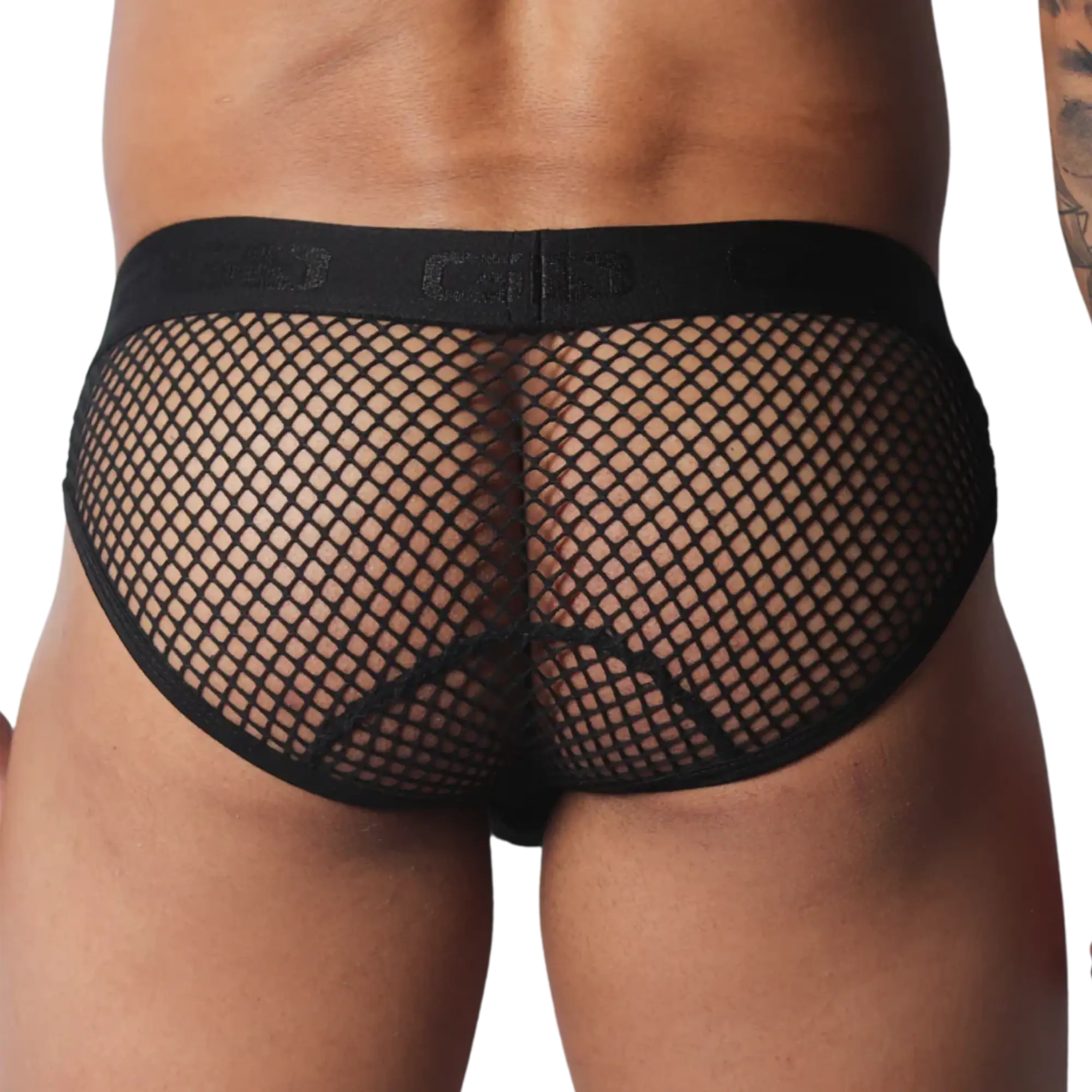 Black fishnet briefs with a branded elastic waistband and back-seam detail.
