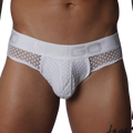 White brief with sheer, open-weave lace fabric and a branded elastic waistband.