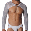 White mesh long-sleeve harness with a central silver O-ring connector and cutout chest design.