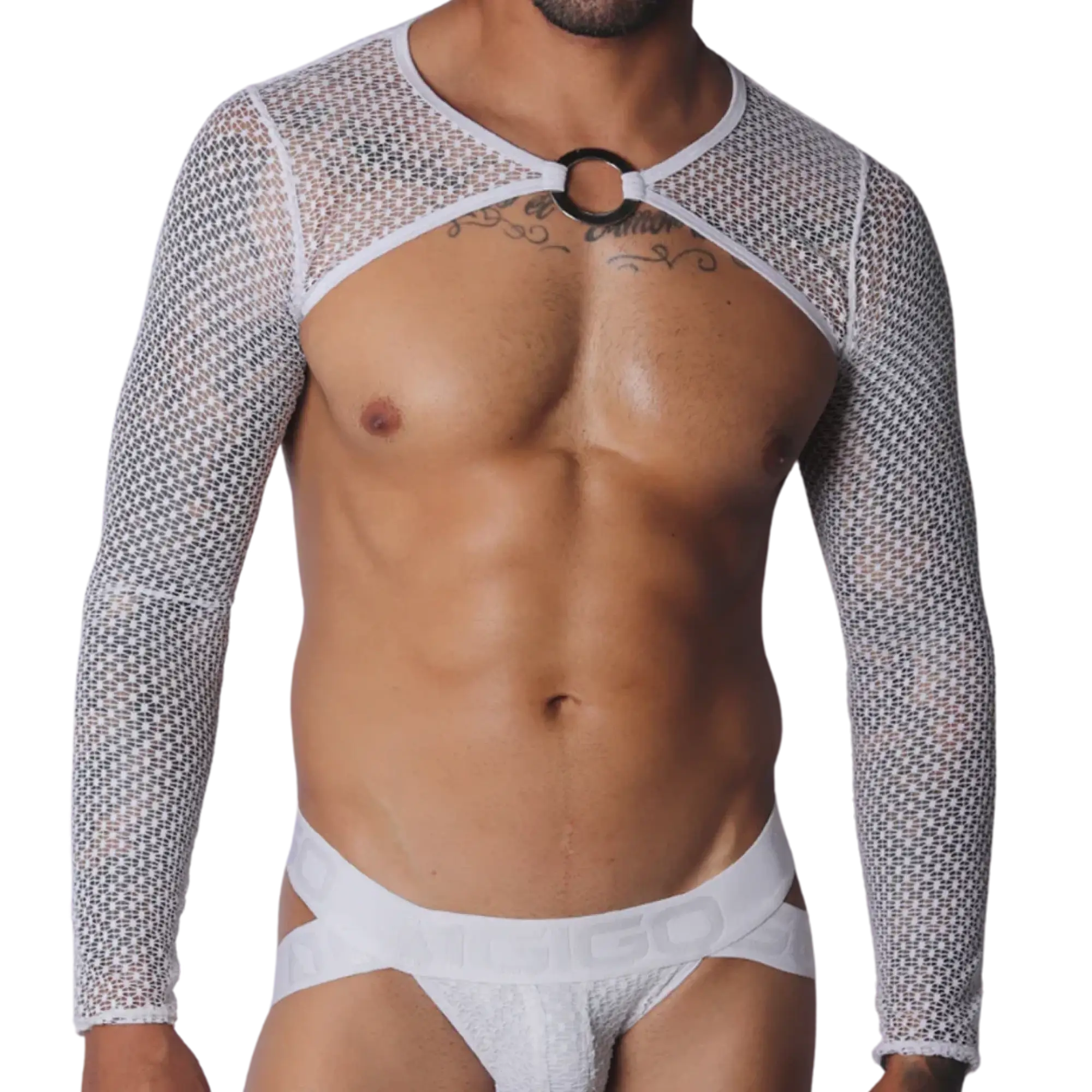 White mesh long-sleeve harness with a central silver O-ring connector and cutout chest design.