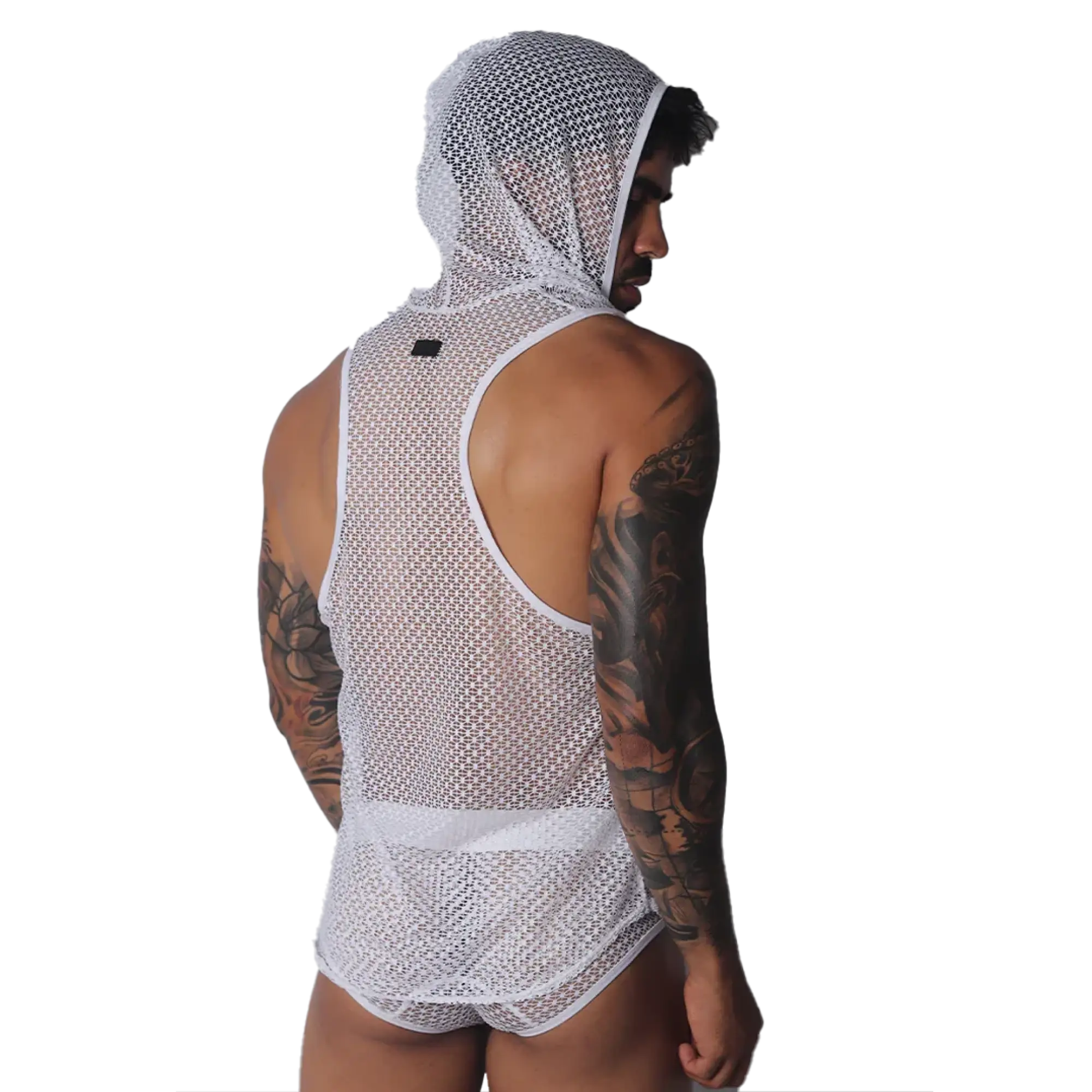 White sleeveless mesh hoodie tank top for men with a racerback design and athletic fit.