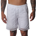 White short athletic-style shorts in a semi-sheer, open-weave mesh fabric with an elastic waistband and side pockets.
