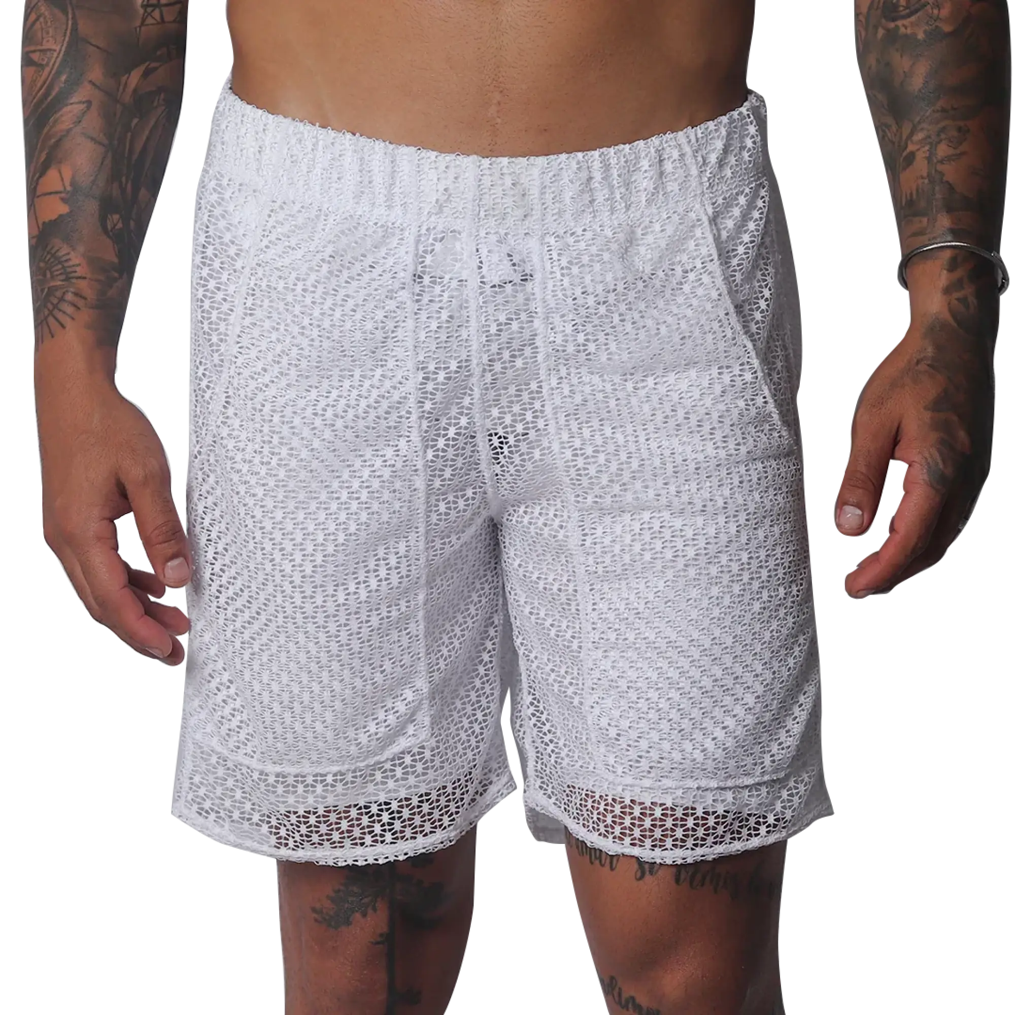 White short athletic-style shorts in a semi-sheer, open-weave mesh fabric with an elastic waistband and side pockets.