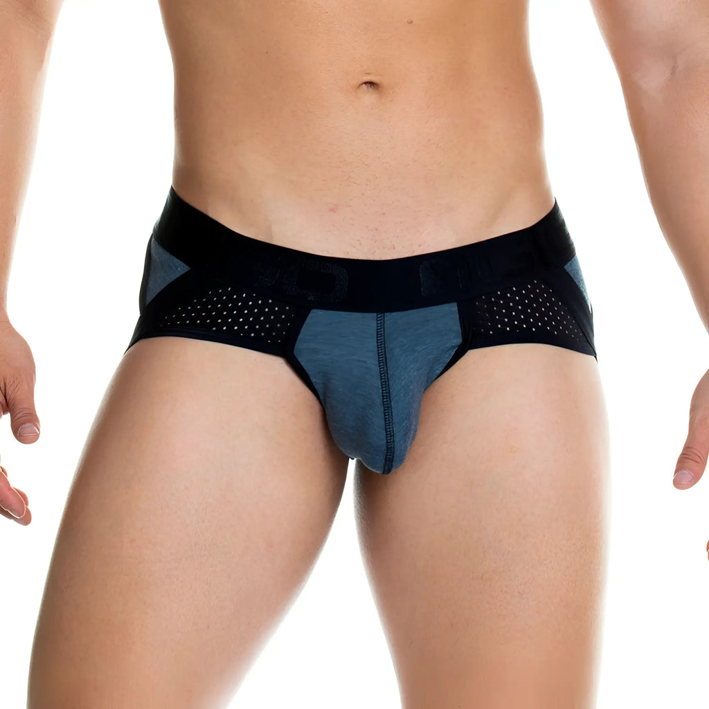 Gigo Prudence black brief jockstrap with black and heathered blue perforated mesh panels on sides