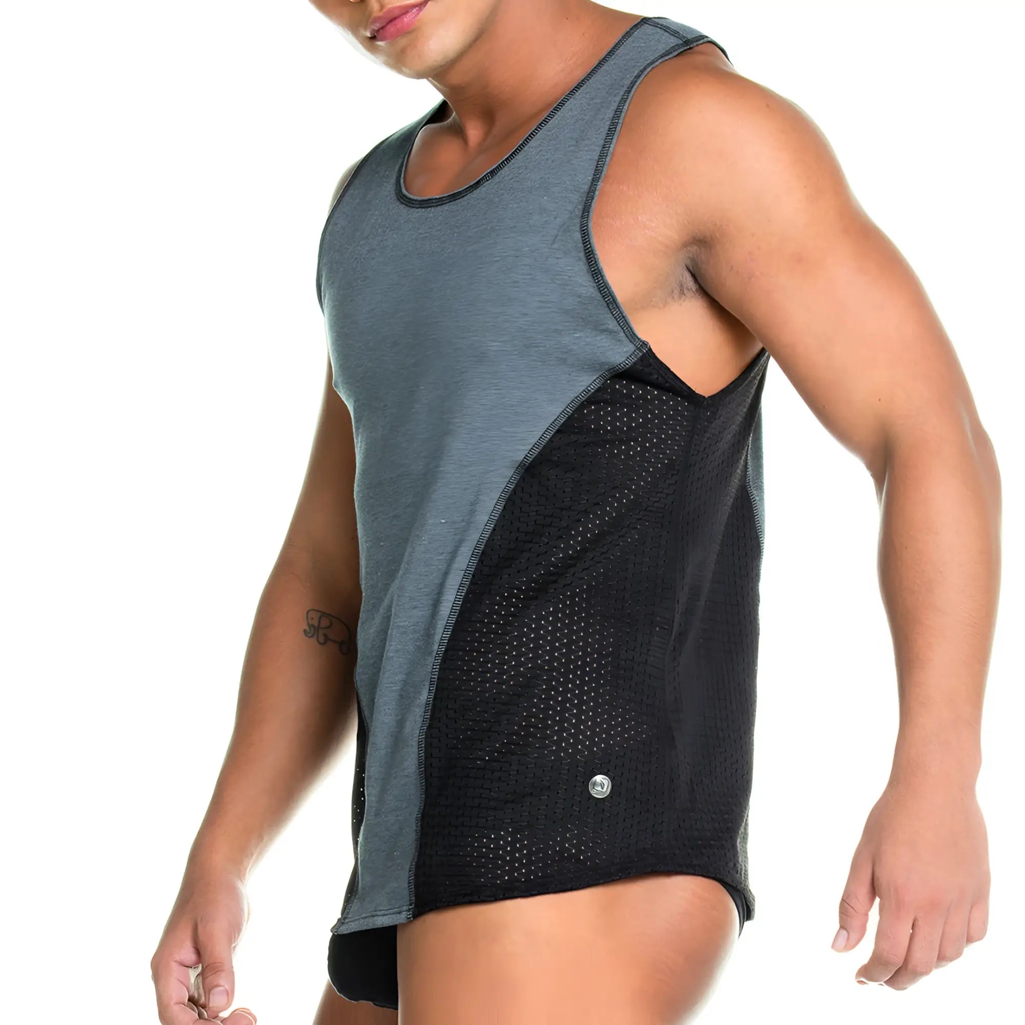 Gigo Prudence black tank men’s athletic tank top in heather gray and black with solid fabric and breathable mesh paneling