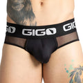 Black gigo brand briefs with mesh front panel and white logo branding on the waistband in purity black design