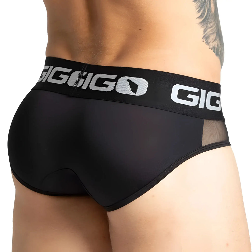 Black gigo purity briefs with mesh side panel and branded waistband in a breathable fabric for daily wear