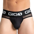 Black gigo purity brief jock with stretchy waistband featuring white logo text and breathable mesh side panels