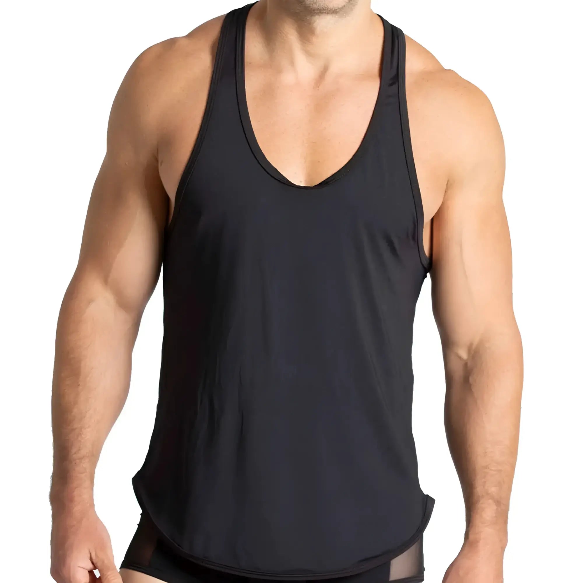Gigo purity black tank racerback tank top with scoop neckline and subtle side slits in black fabric