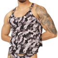 Gray and black camouflage tank top with adjustable shoulder straps and metallic buckles by Gigo Rank Camouflaged Tank