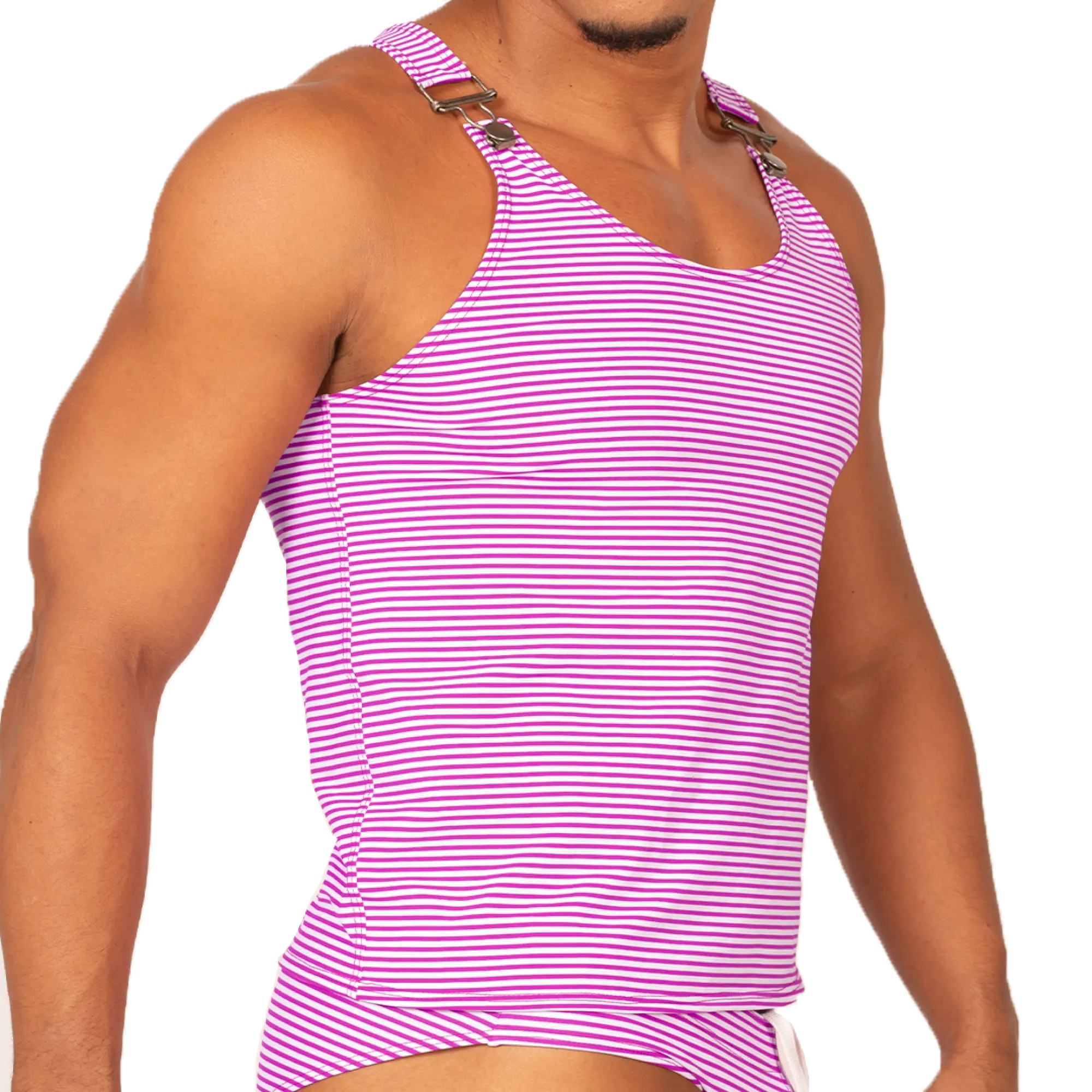 Gigo Rank Purple tank vibrant pink and white striped tank top with adjustable shoulder straps and metallic buckles