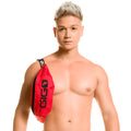 Red gigo brand waistpack fanny pack with black trim and logo ideal for hands-free carrying and travel