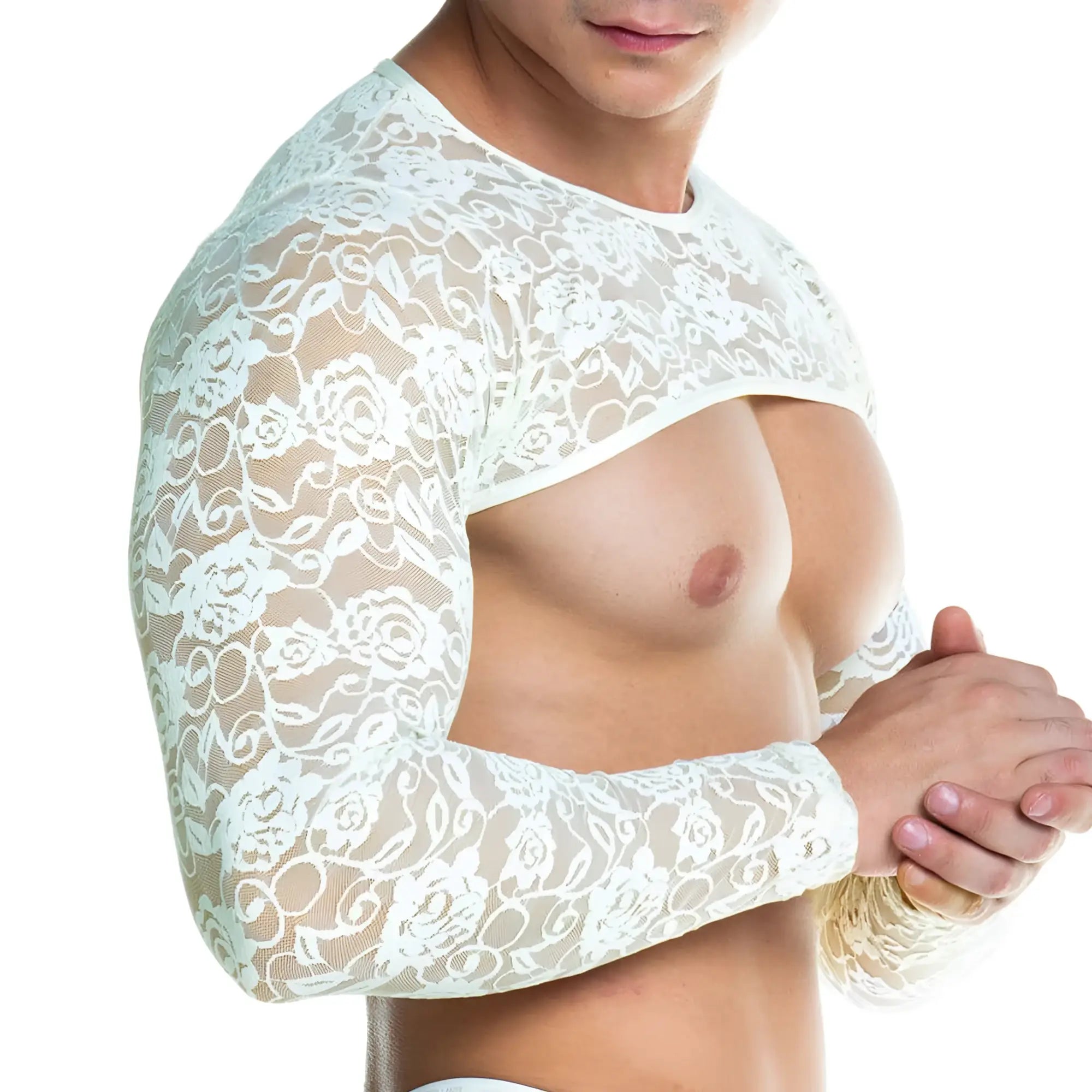White floral lace arm cover accessory for gigo redemotion beige harness highlighting delicate detailing