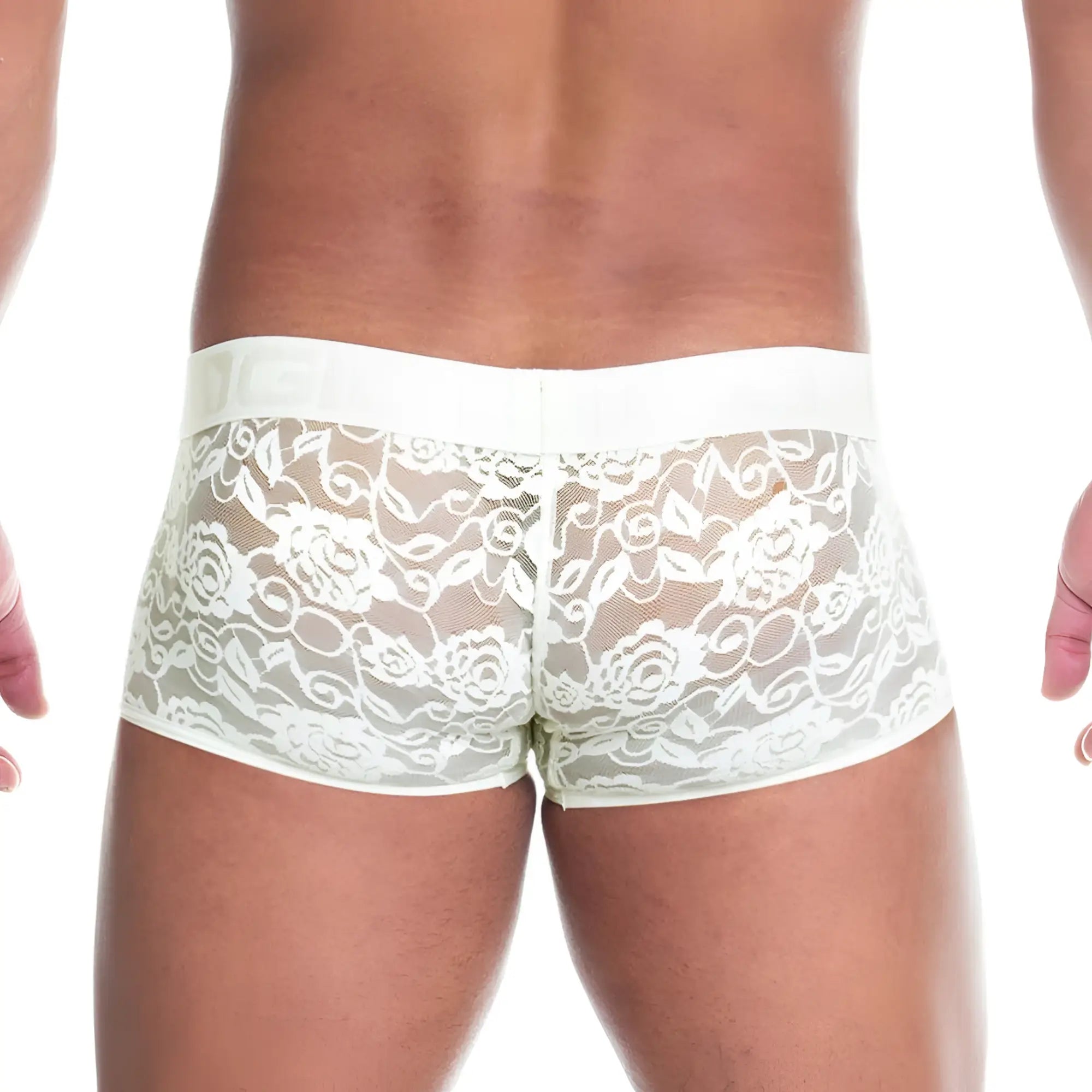 White lace-trimmed briefs with floral embroidery in beige from gigo redemotion trunk collection