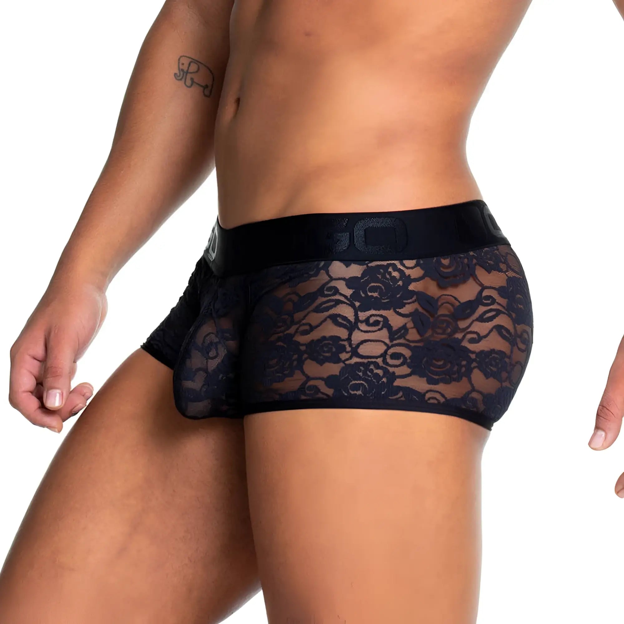 Gigo redemotion black trunk black lace men’s underwear with floral pattern and elastic waistband