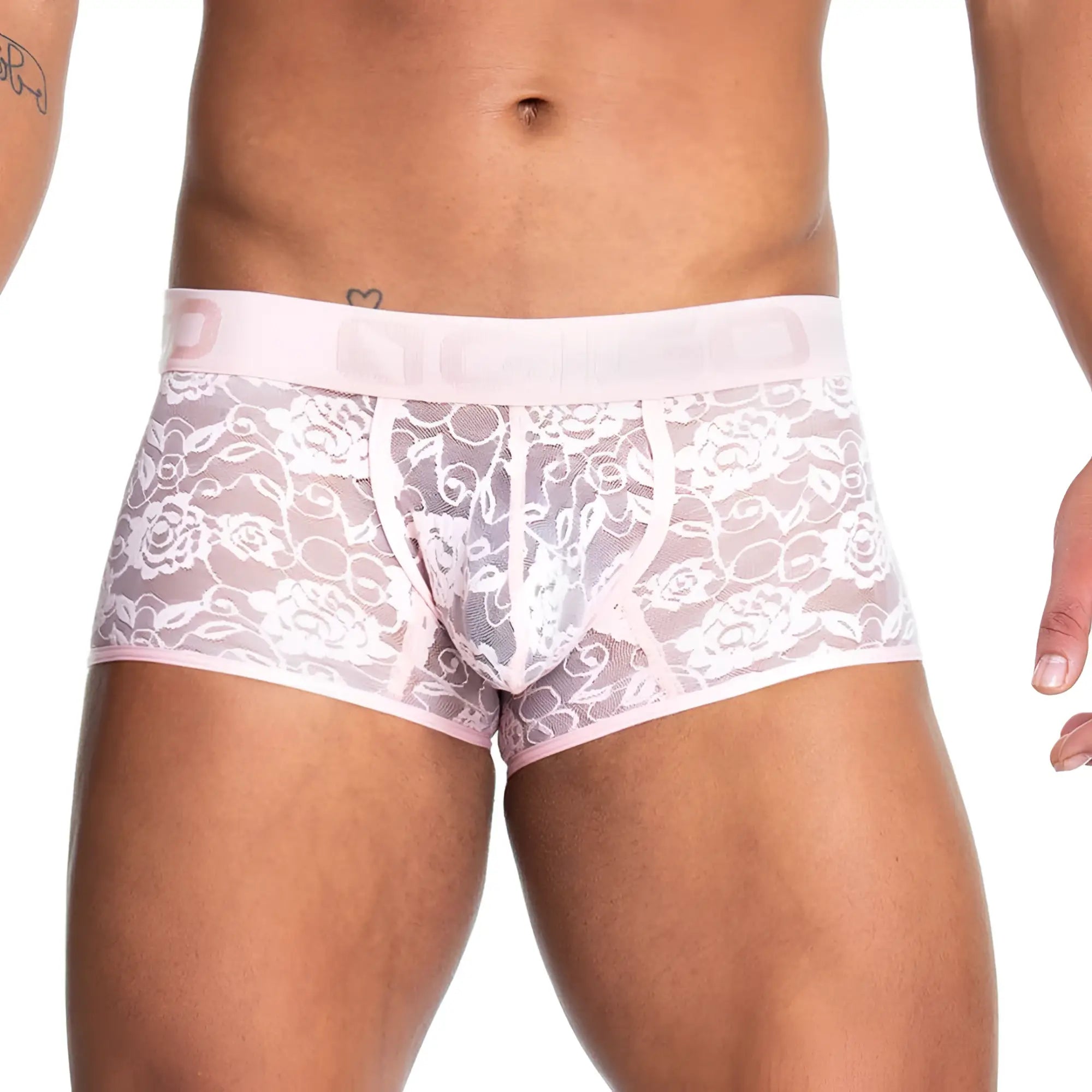 Gigo Redemotion pink trunk men’s briefs with lace trim white floral pattern and matching elastic waistband