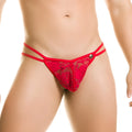 Red lace thong g string with metallic button closure from gigo redemotion in vibrant red color