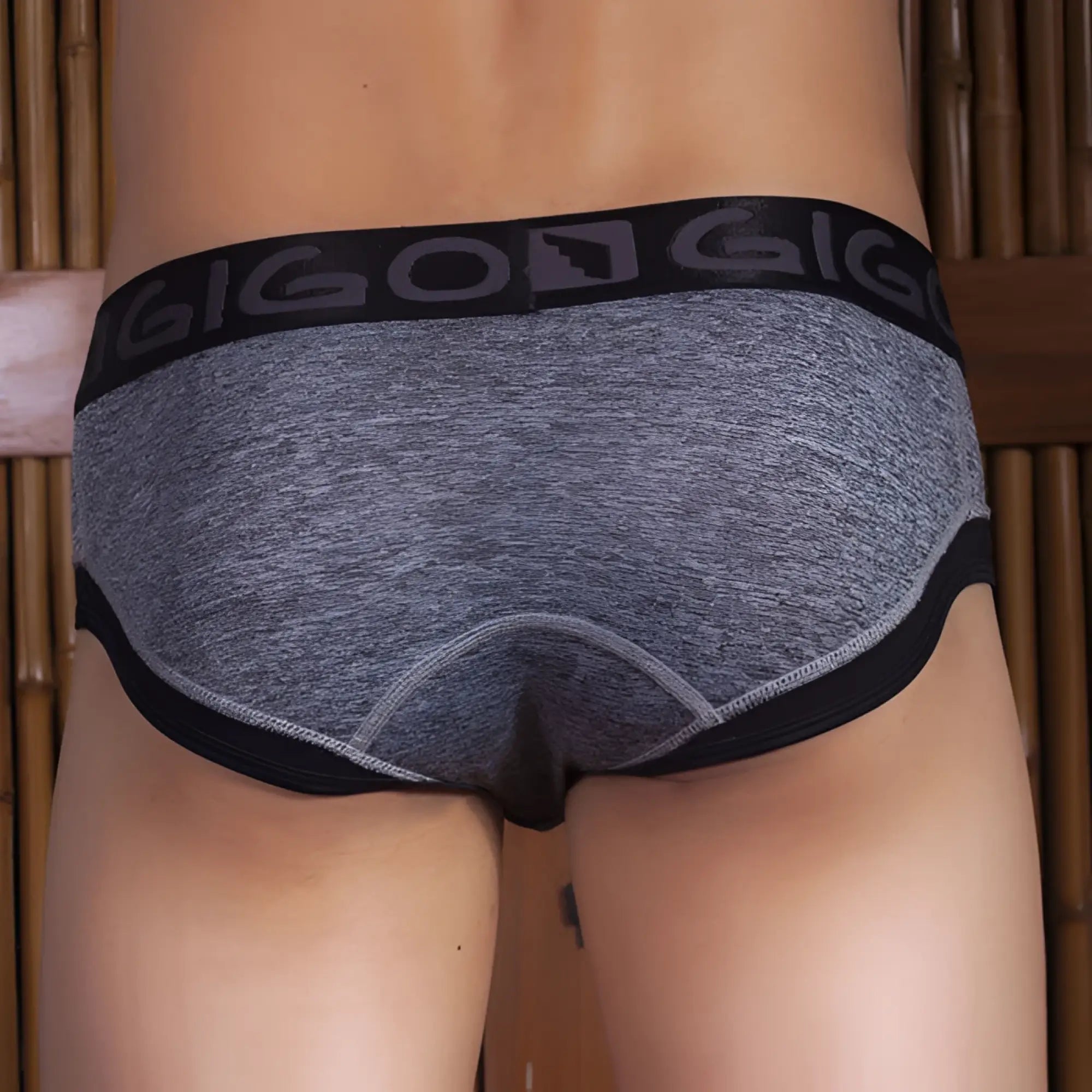 Gray heathered gigo rocks brief underwear size l with black elastic waistband trim and subtle dark gray logo