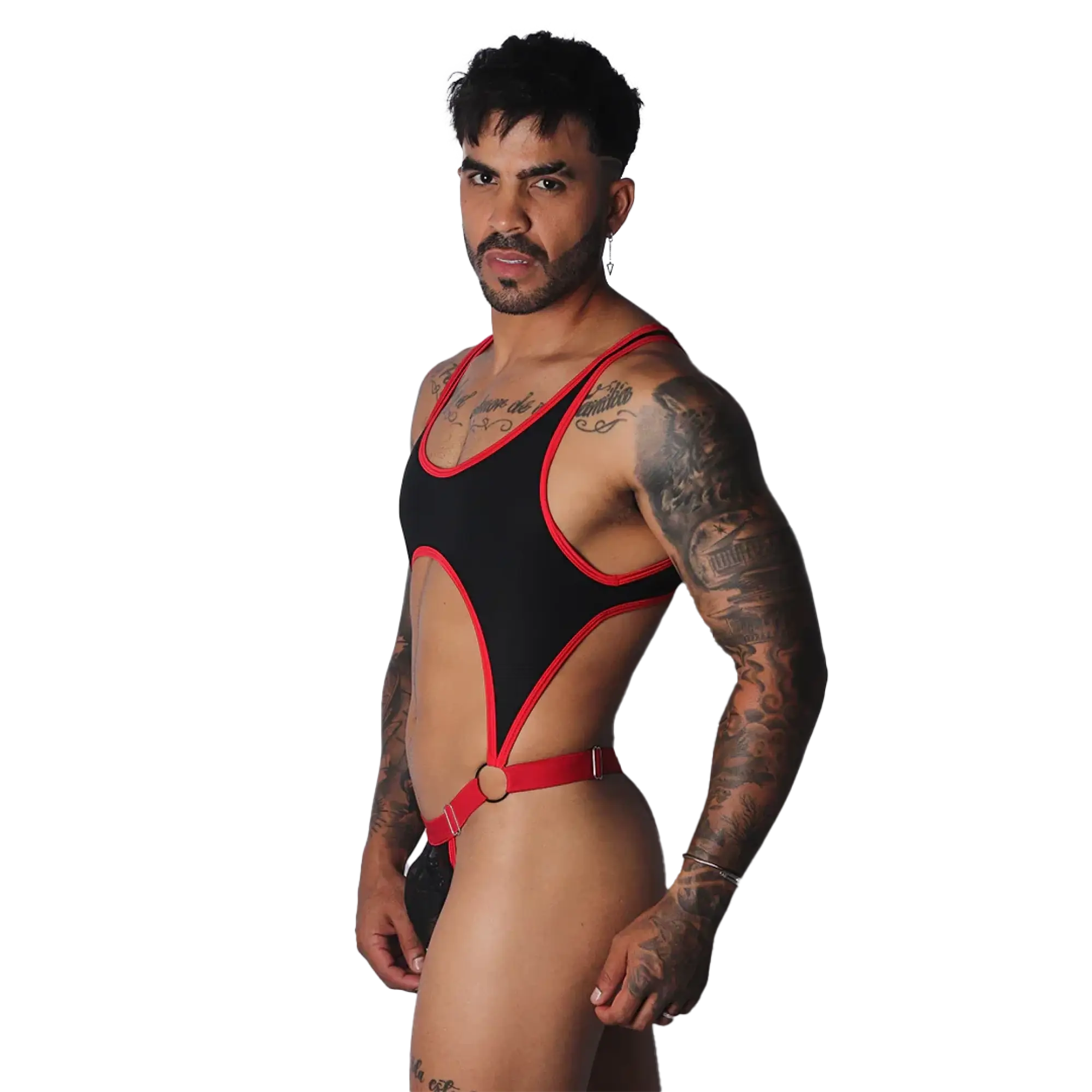 Black athletic-style bodysuit with red trim, high-cut legs, O-ring accents, and adjustable red strap detailing.