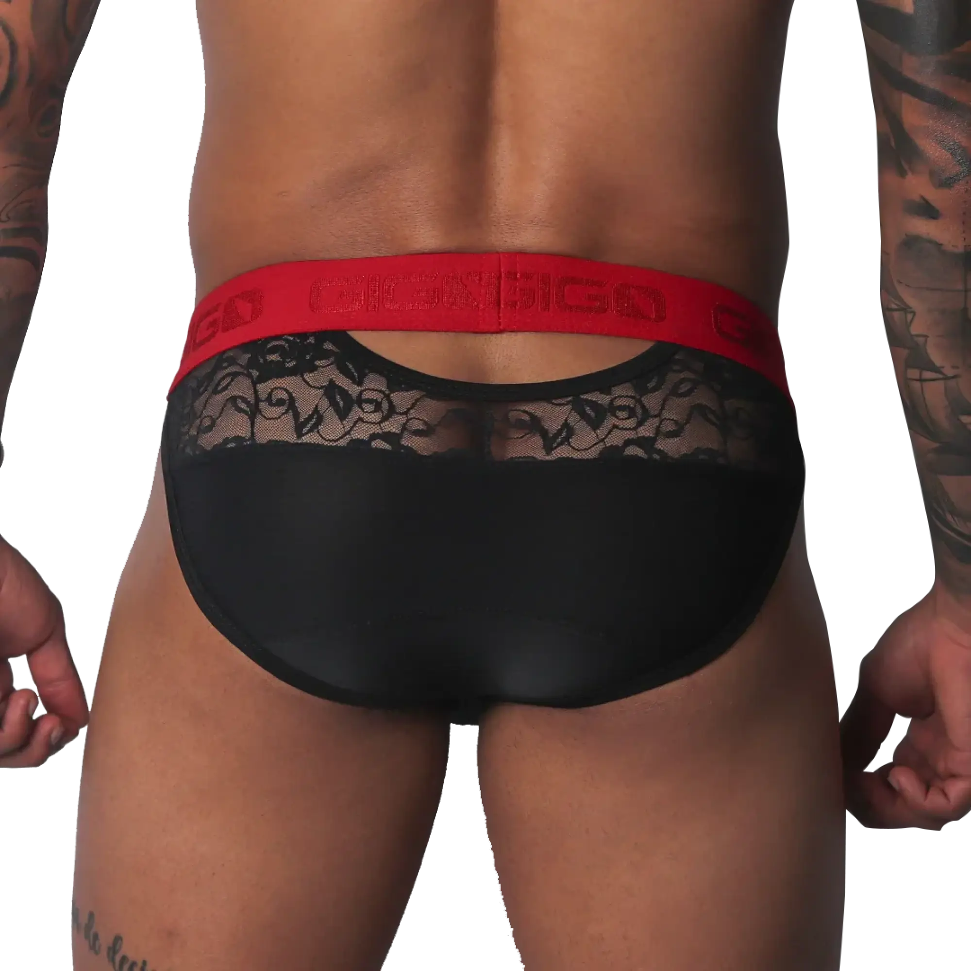 Black brief with sheer floral lace upper panel, solid black lower section, and a bold red branded elastic waistband.