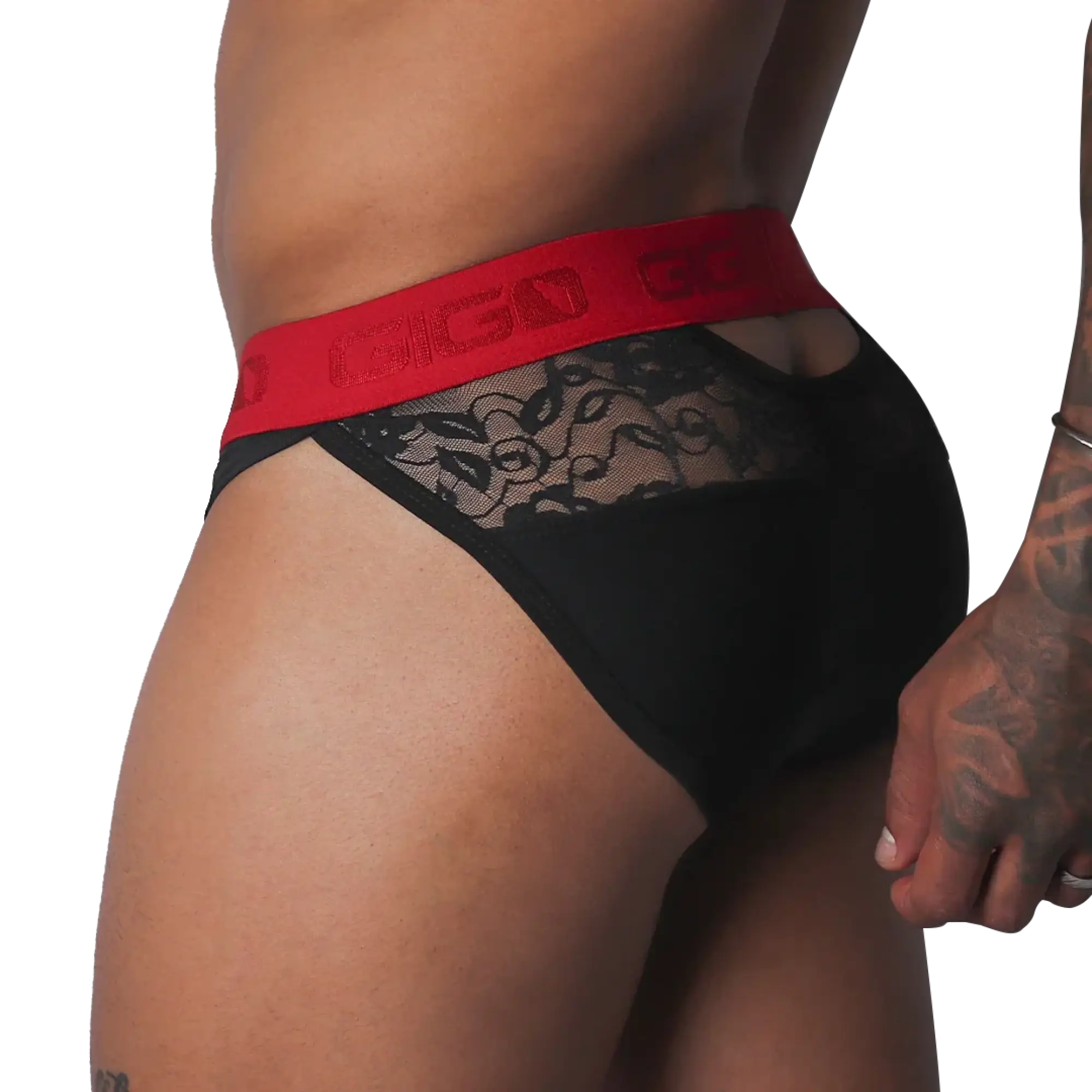 Black brief with floral lace paneling and a contrasting red elastic waistband featuring the Gigo logo.