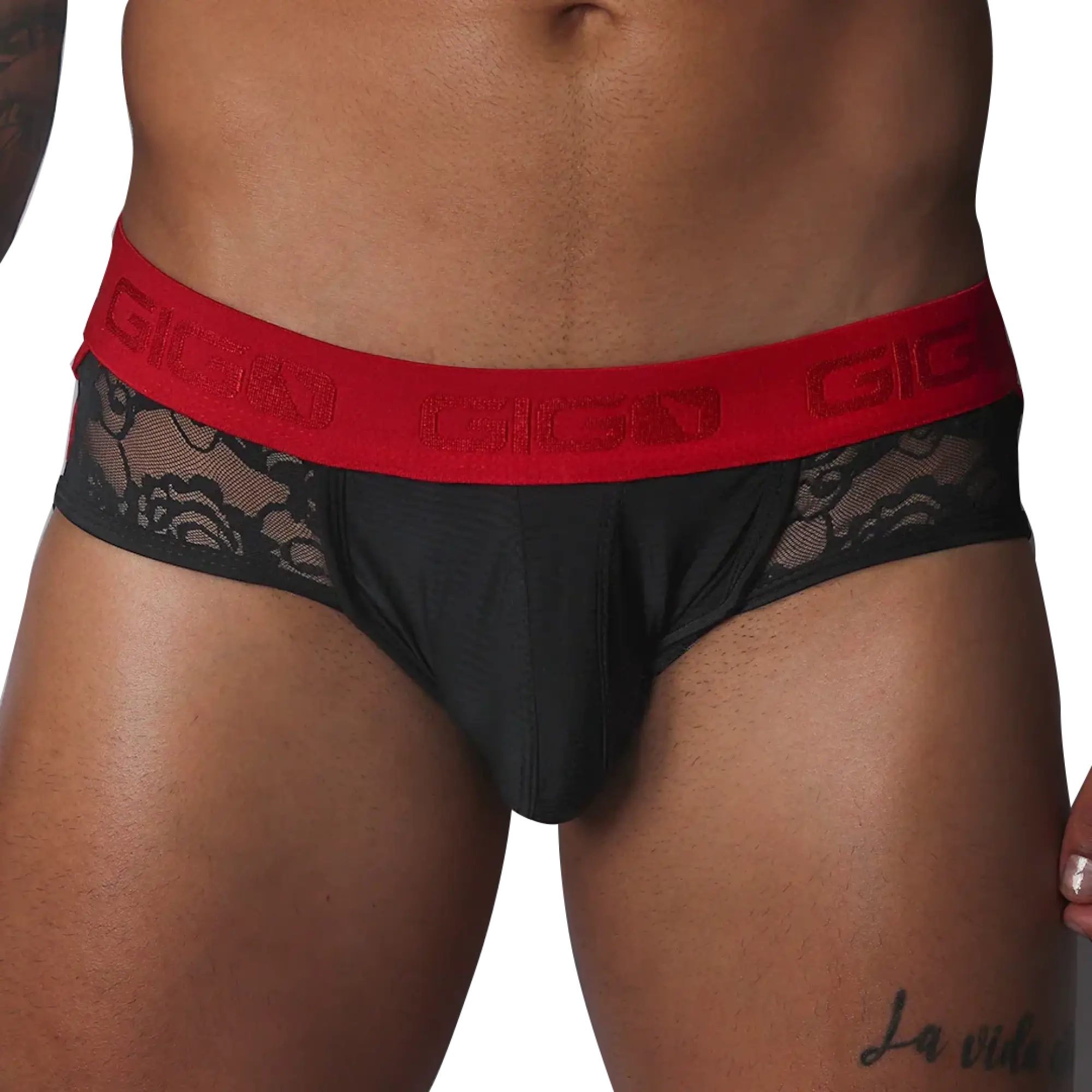 Black jock thong with floral lace side panels and a wide red elastic waistband featuring the Gigo logo.
