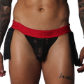 Black lace Gigo mini skirt with a red branded elastic waistband and sheer floral pattern detail.