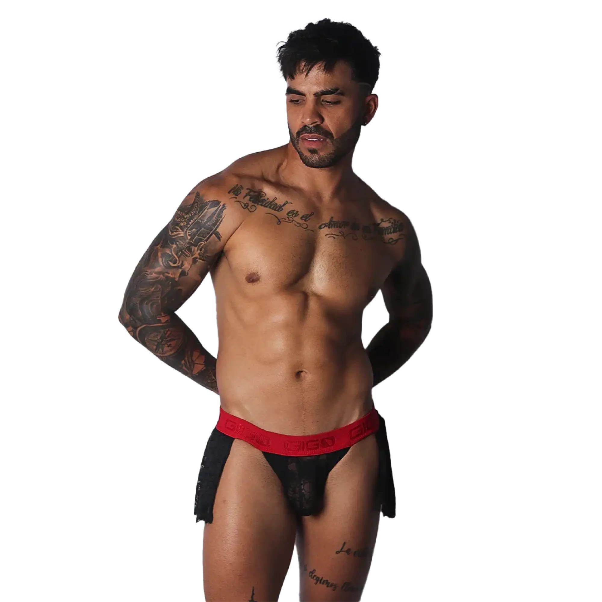 Black lace skirt with a bold red, branded elastic waistband worn by a muscular man.