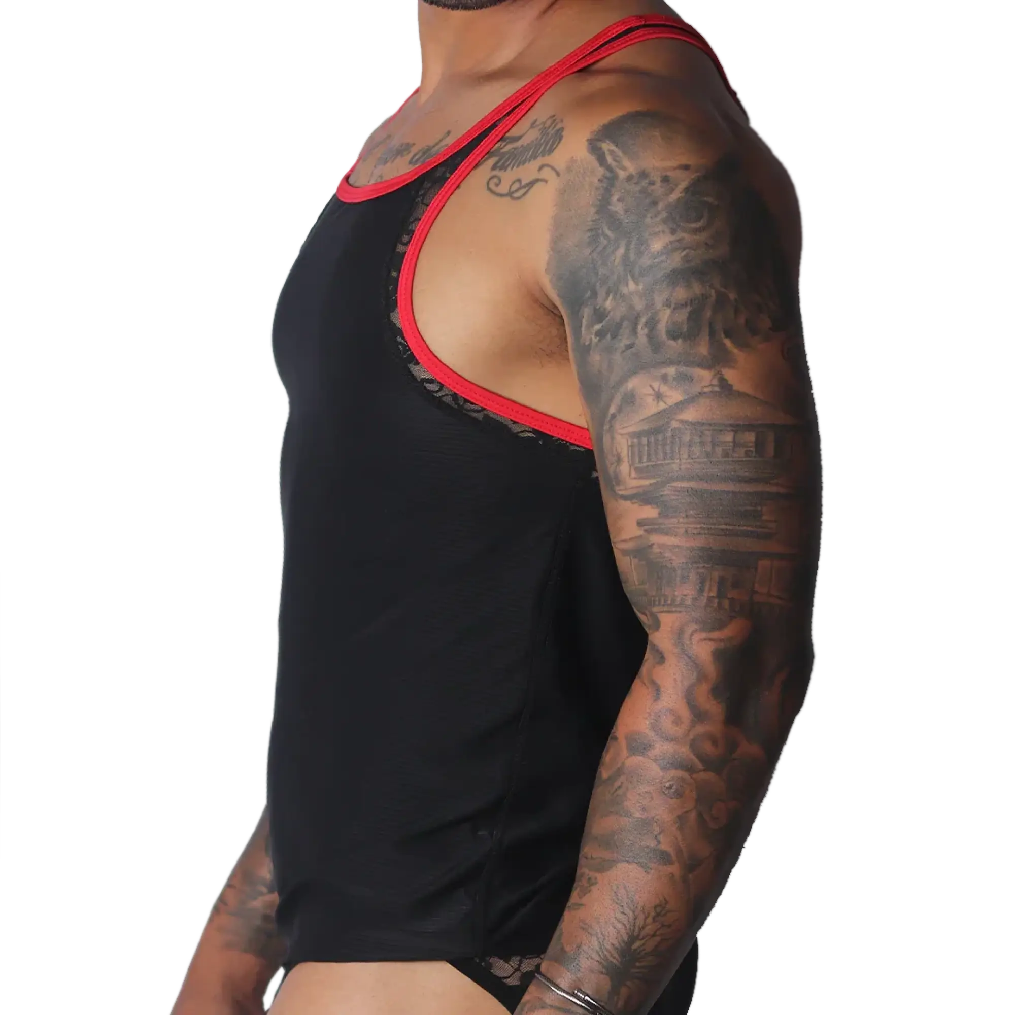 Black tank top with red trim, featuring intricate black lace side panels and racerback-style straps.