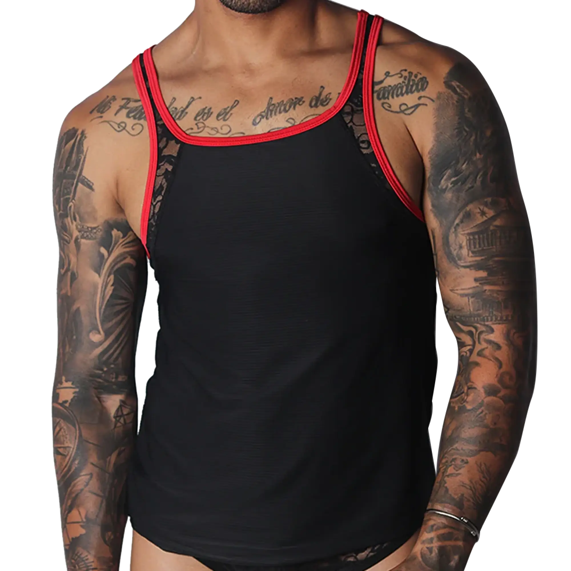 Black tank top with red trim, lace shoulder panels, and a subtle ribbed texture.