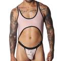 Romantic pink ribbed mesh bodysuit with black trim, a large midriff cutout, and a pink floral lace thong pouch.