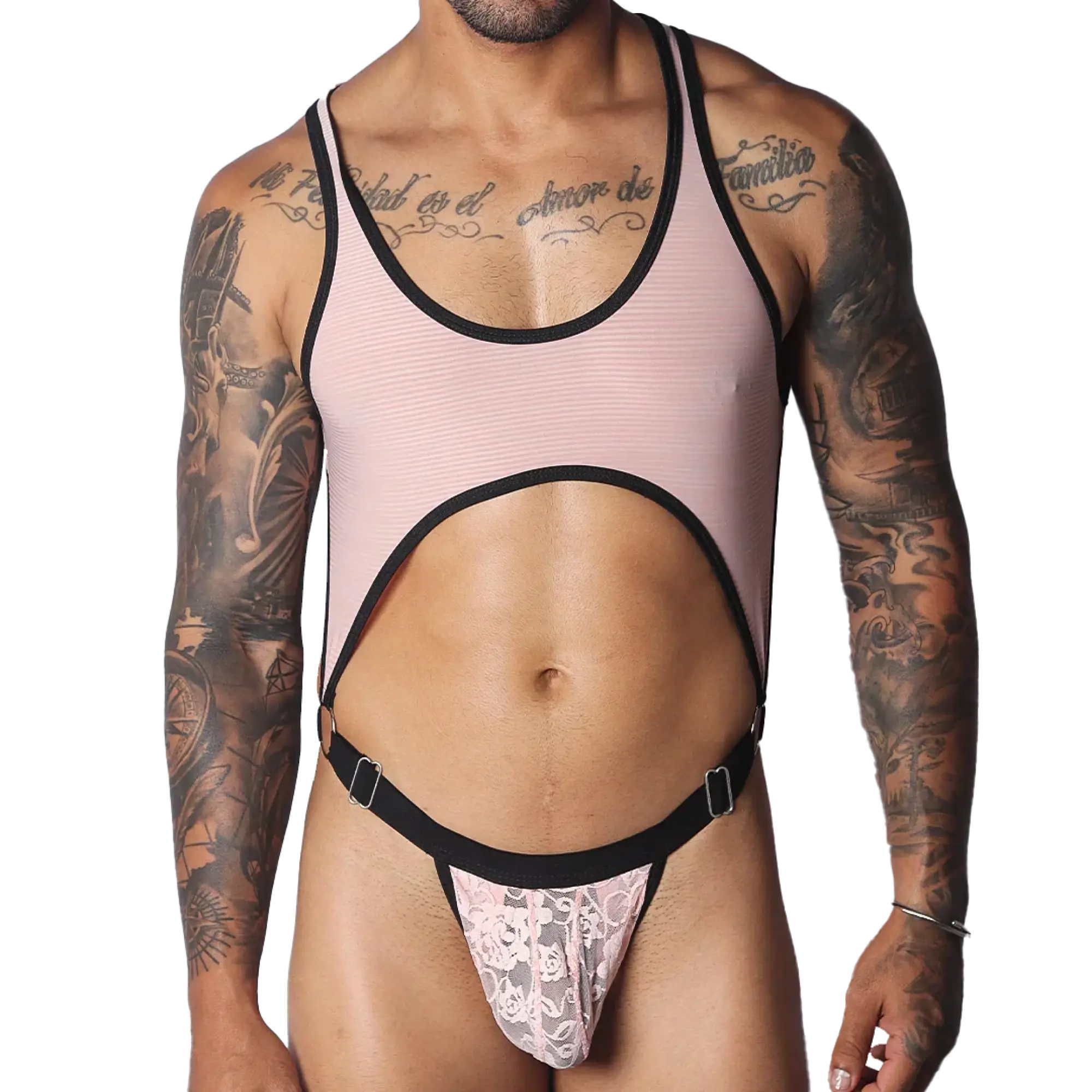 Romantic pink ribbed mesh bodysuit with black trim, a large midriff cutout, and a pink floral lace thong pouch.