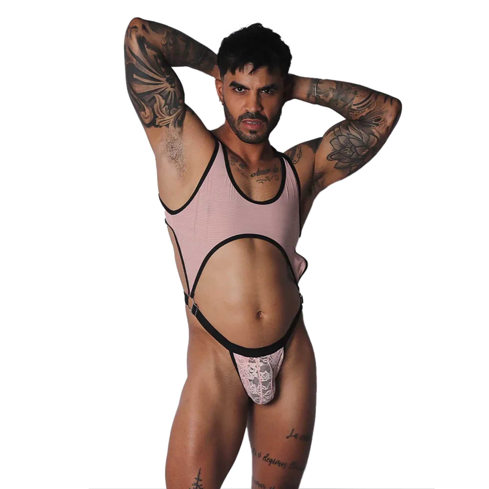 Pink ribbed bodysuit with black trim, large midriff cutout, O-ring connectors, and a lace pouch detail.
