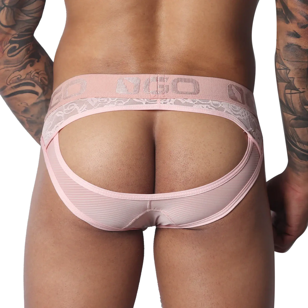 Romantic pink jockstrap featuring a sheer mesh pouch, lace trim, and a branded elastic waistband.