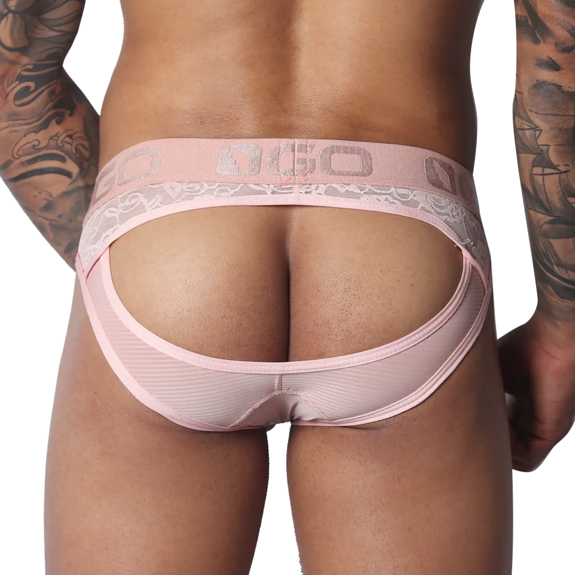 Romantic pink jockstrap featuring a sheer mesh pouch, lace trim, and a branded elastic waistband.