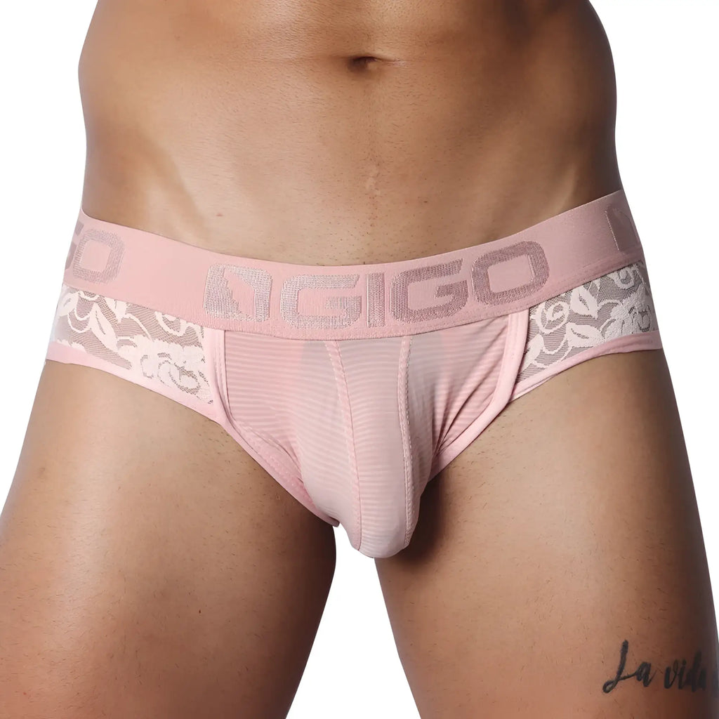 Romantic pink jock thong with sheer striped mesh, floral lace sides, and a branded elastic waistband.