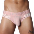 Romantic pink jock thong with sheer striped mesh, floral lace sides, and a branded elastic waistband.