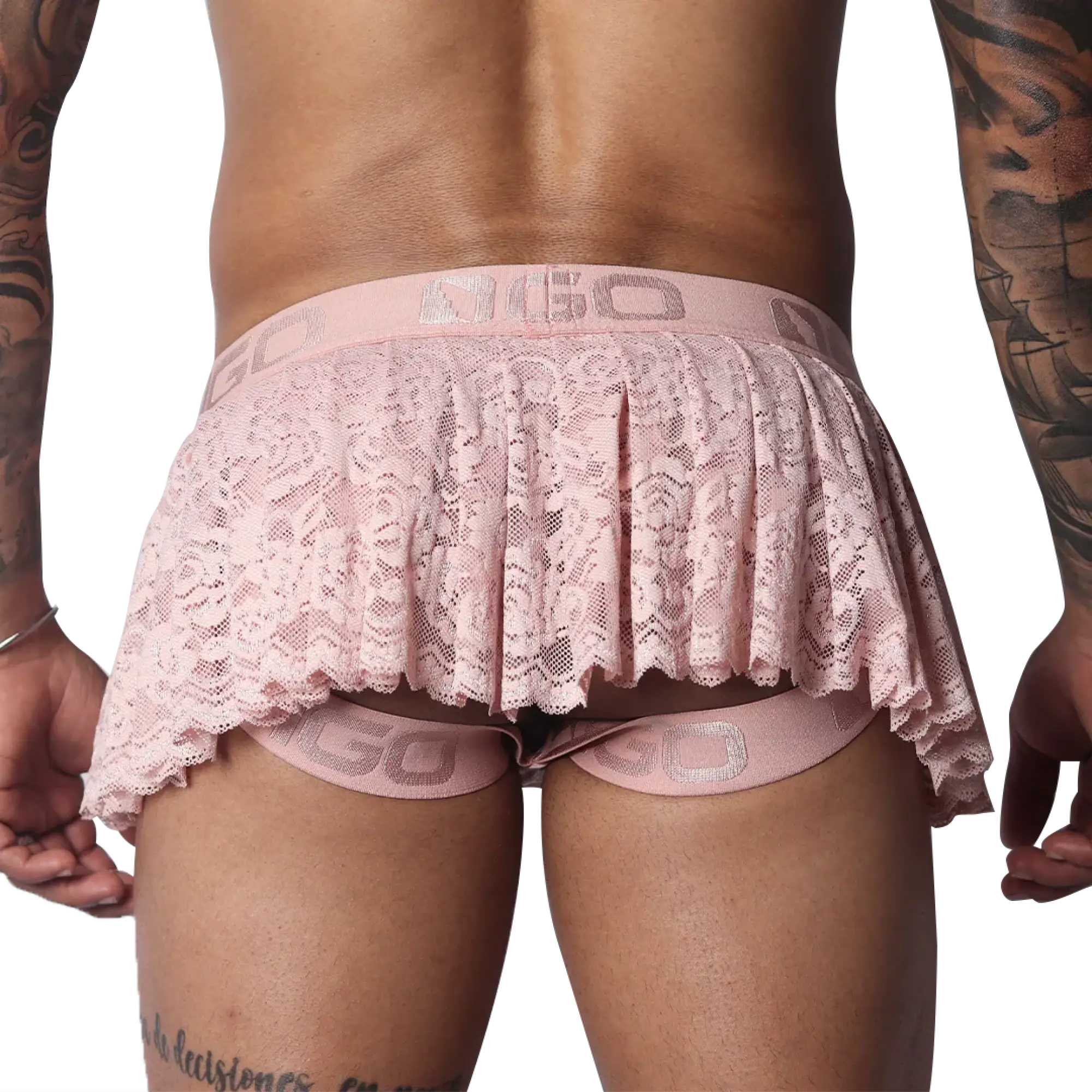 Romantic pink lace skirt featuring a pleated design, scalloped hem, and branded elastic waistband with strap details.