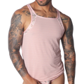 Romantic pink ribbed tank top featuring delicate white lace trim along the shoulders and neckline.